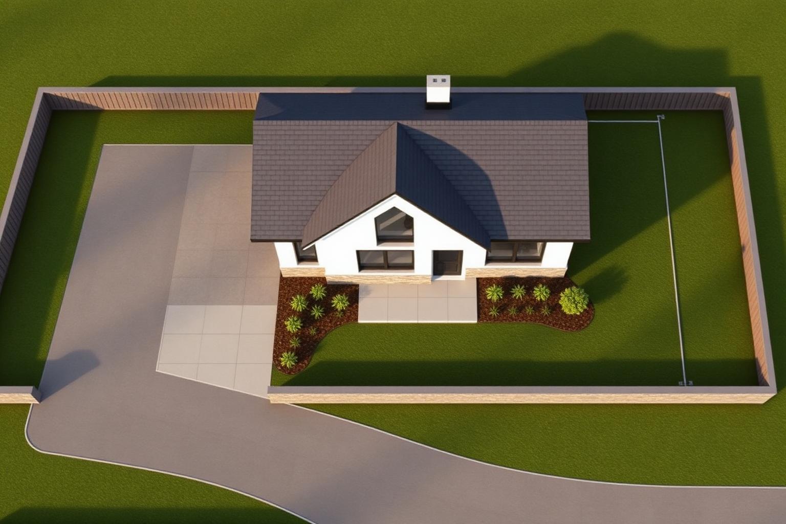 Aerial view of the bungalow on its plot