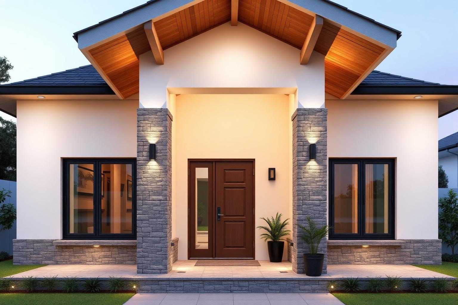 Covered entrance porch with stone columns