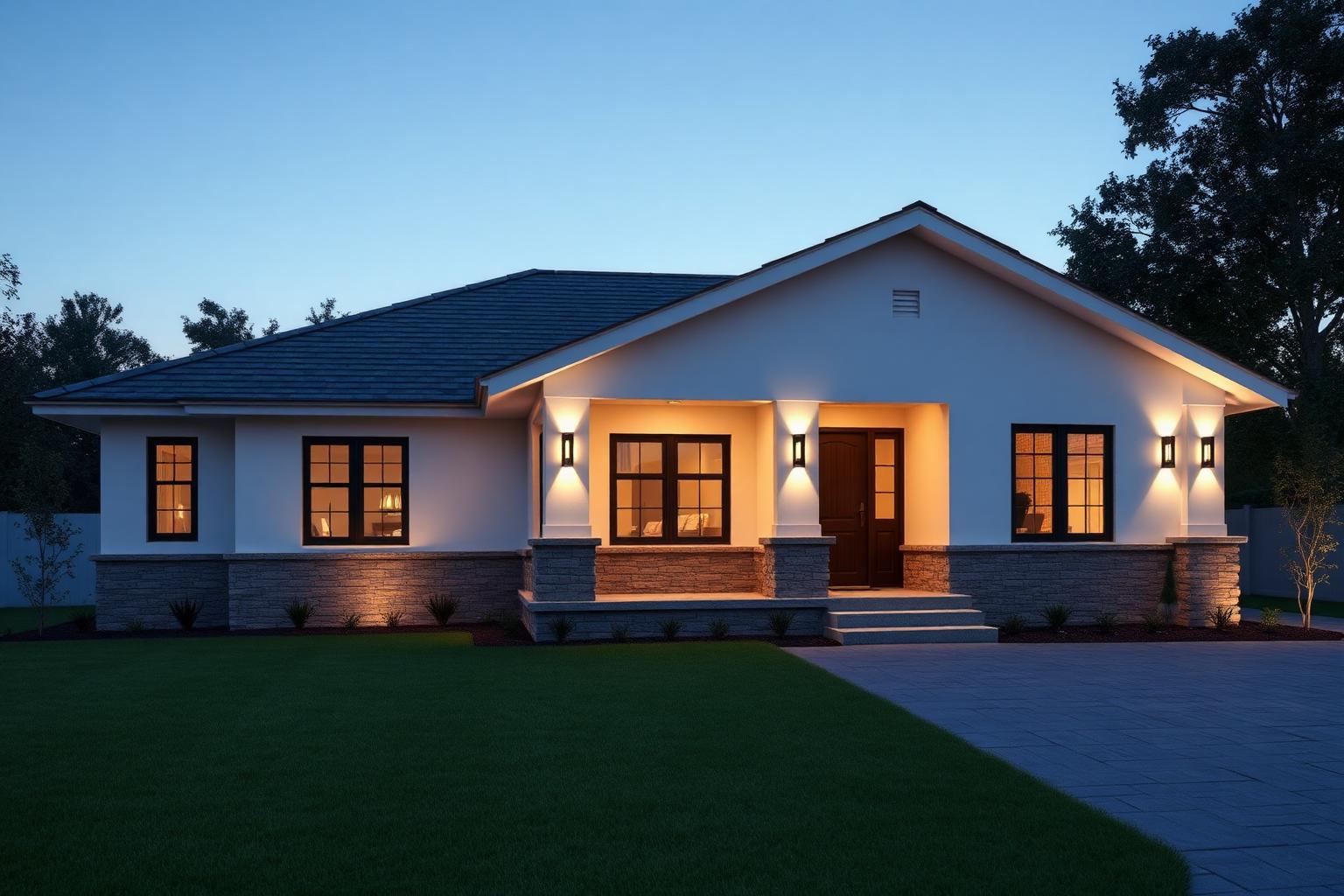 Front elevation of the bungalow at blue hour
