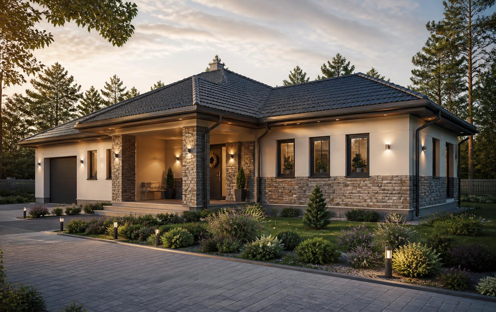 Three-quarter view of the bungalow at golden hour