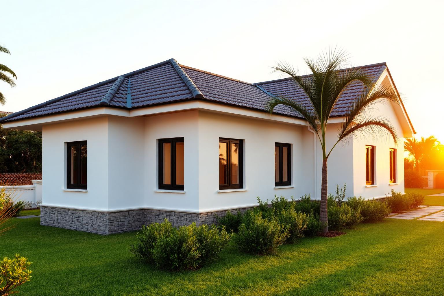 Side garden view of the bungalow at sunset