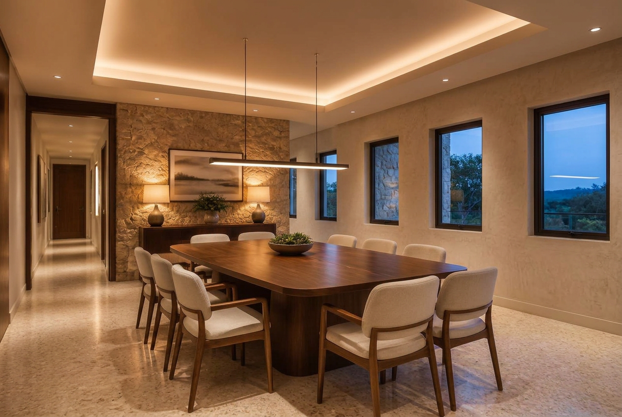 Dining area with eight-seat walnut table