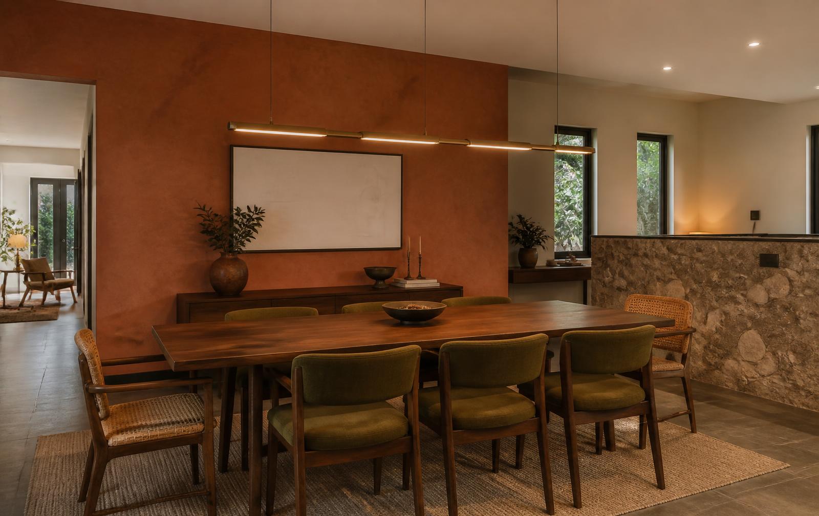 Dining variant with burnt sienna plaster wall