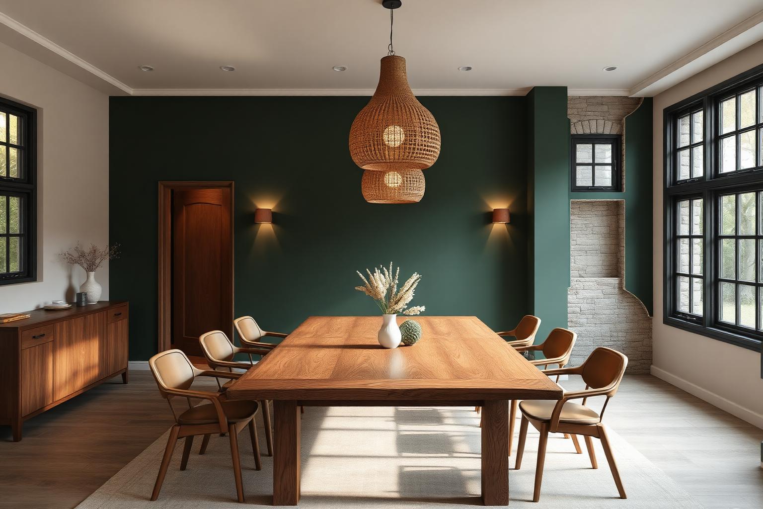 Dining room with deep green wall and rattan pendants