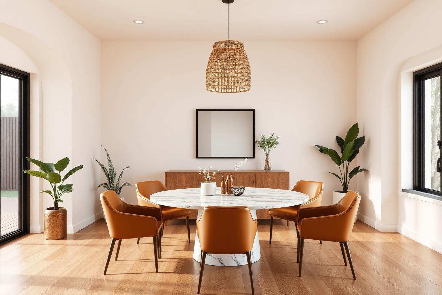 Dining area with round marble table and leather chairs