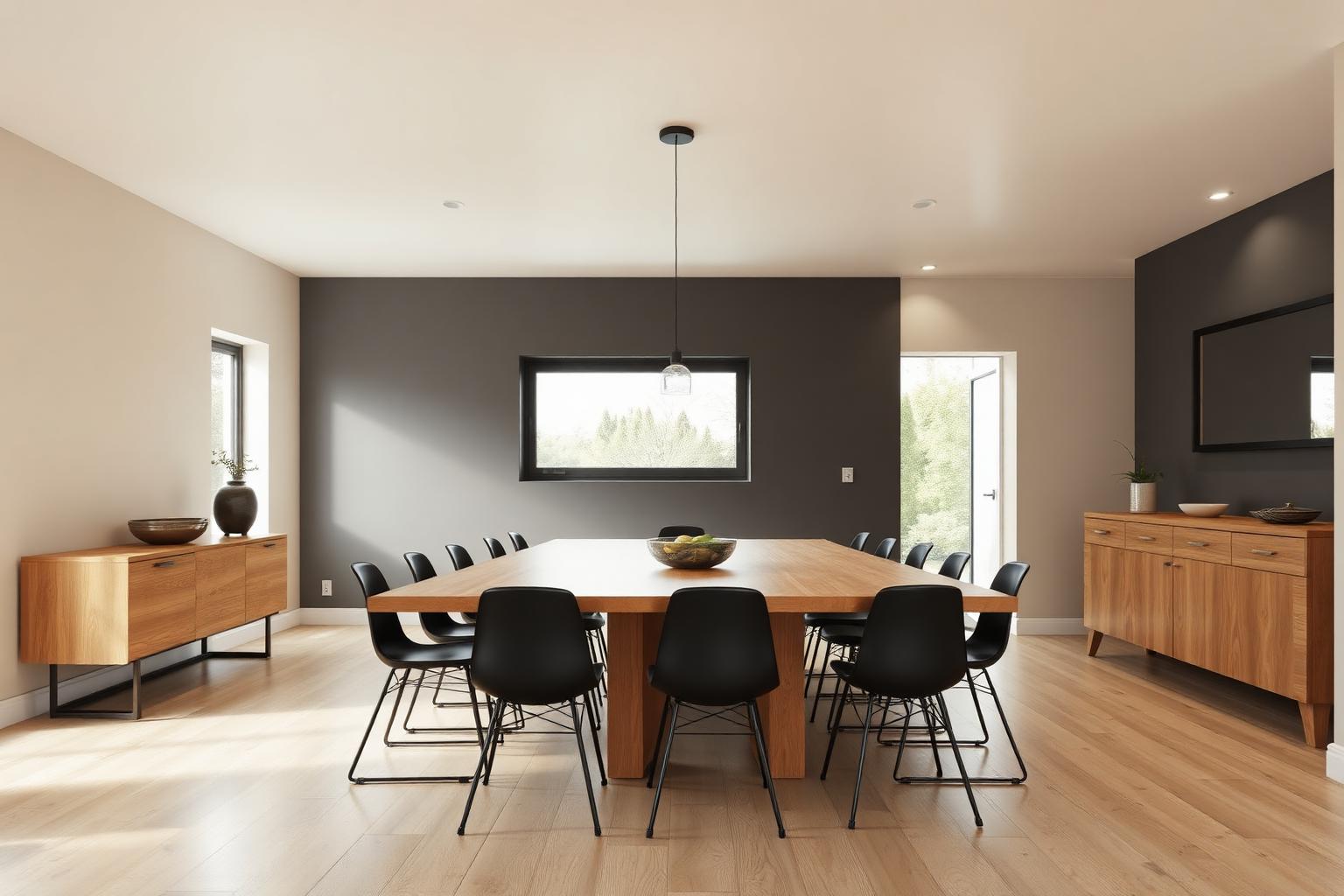 Dining room with long oak table and charcoal accent wall
