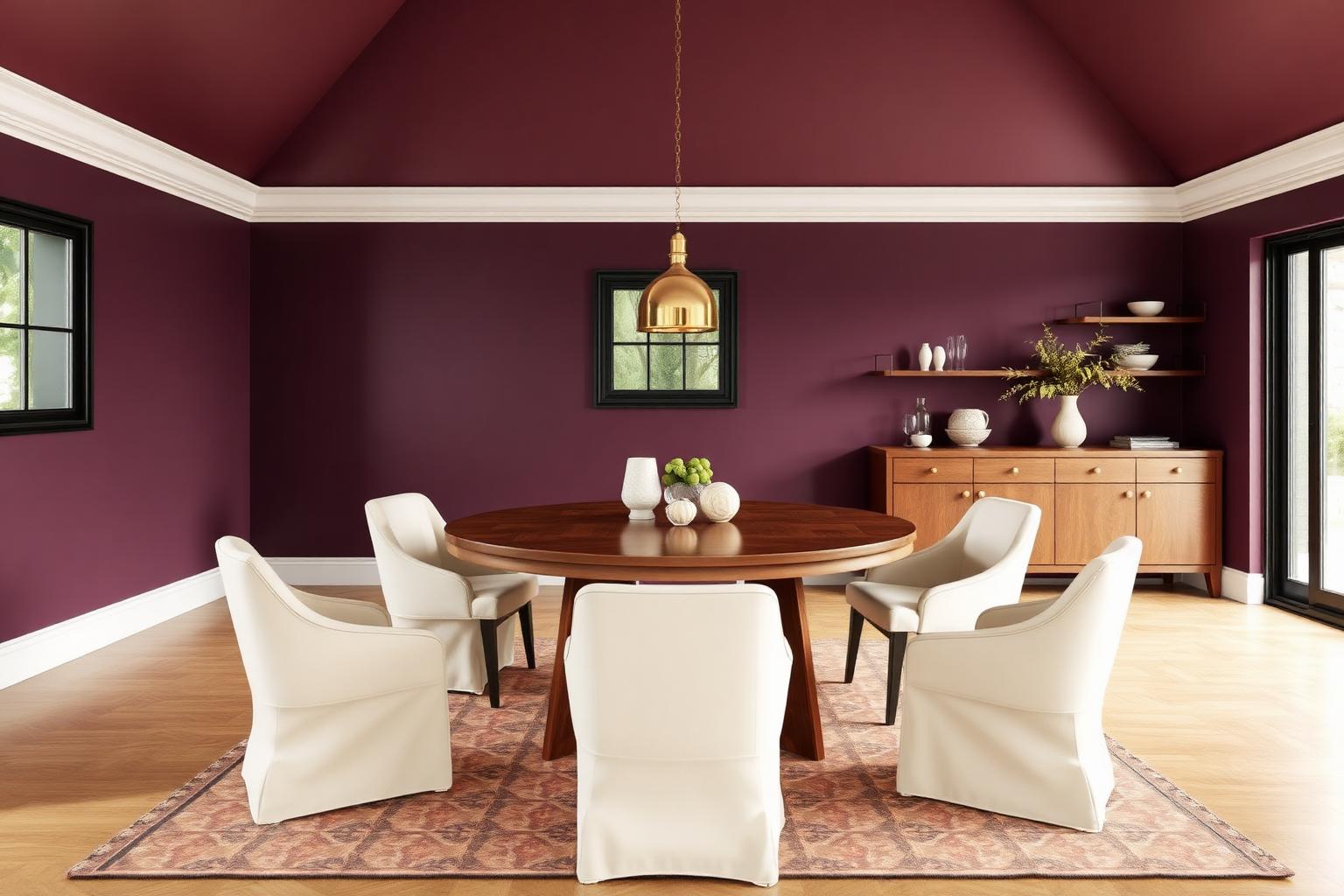 Dining room with plum walls and a round walnut table