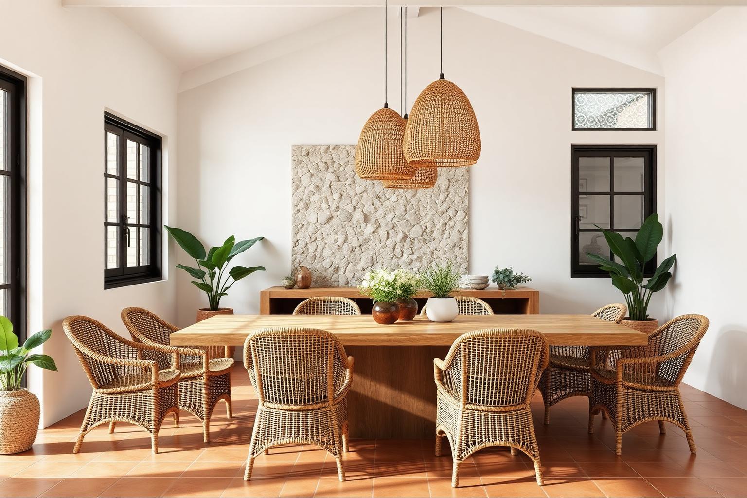 Dining room with rattan chairs and a stone feature panel