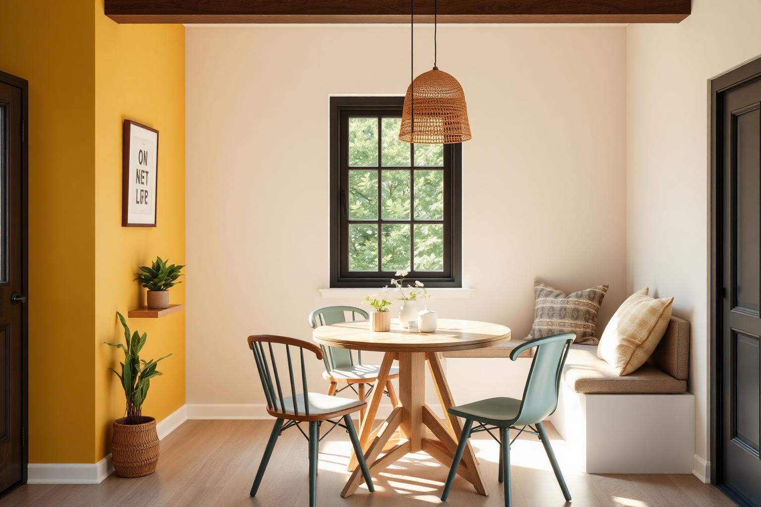Casual dining nook with mustard wall and banquette
