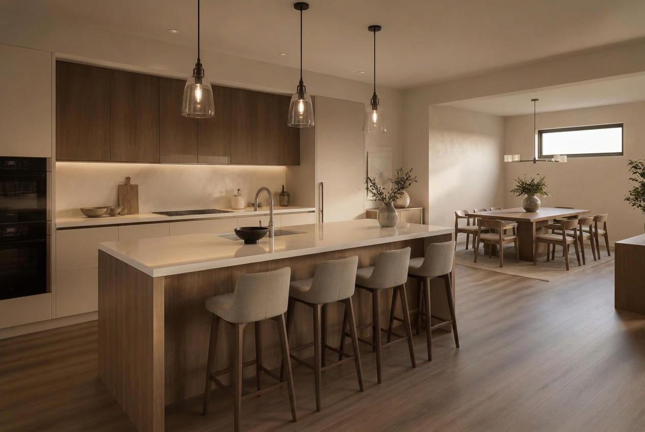 Open island kitchen with pantry
