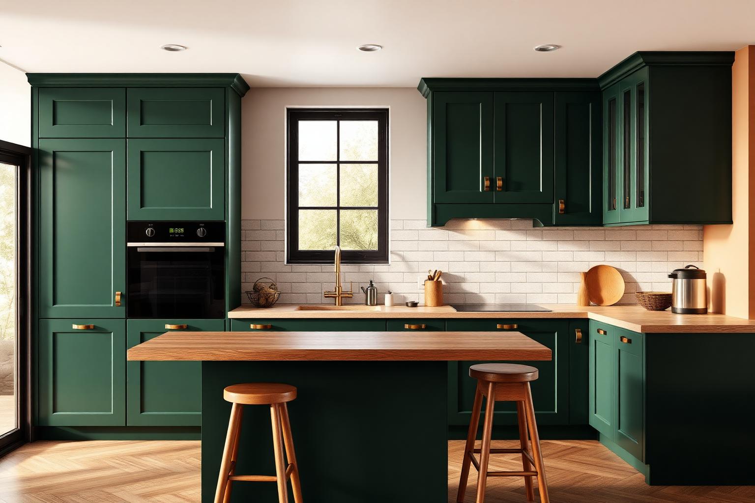 Kitchen with forest green cabinetry and timber island