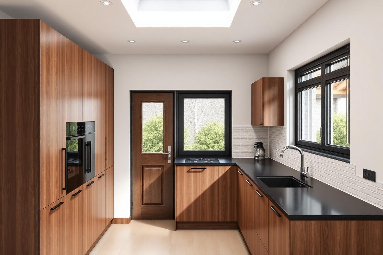 Enclosed walnut kitchen with black stone worktops