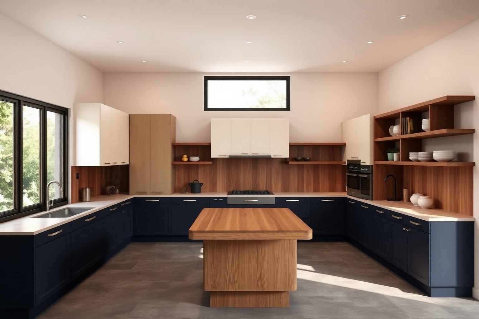 Kitchen with navy lower cabinets and cream uppers