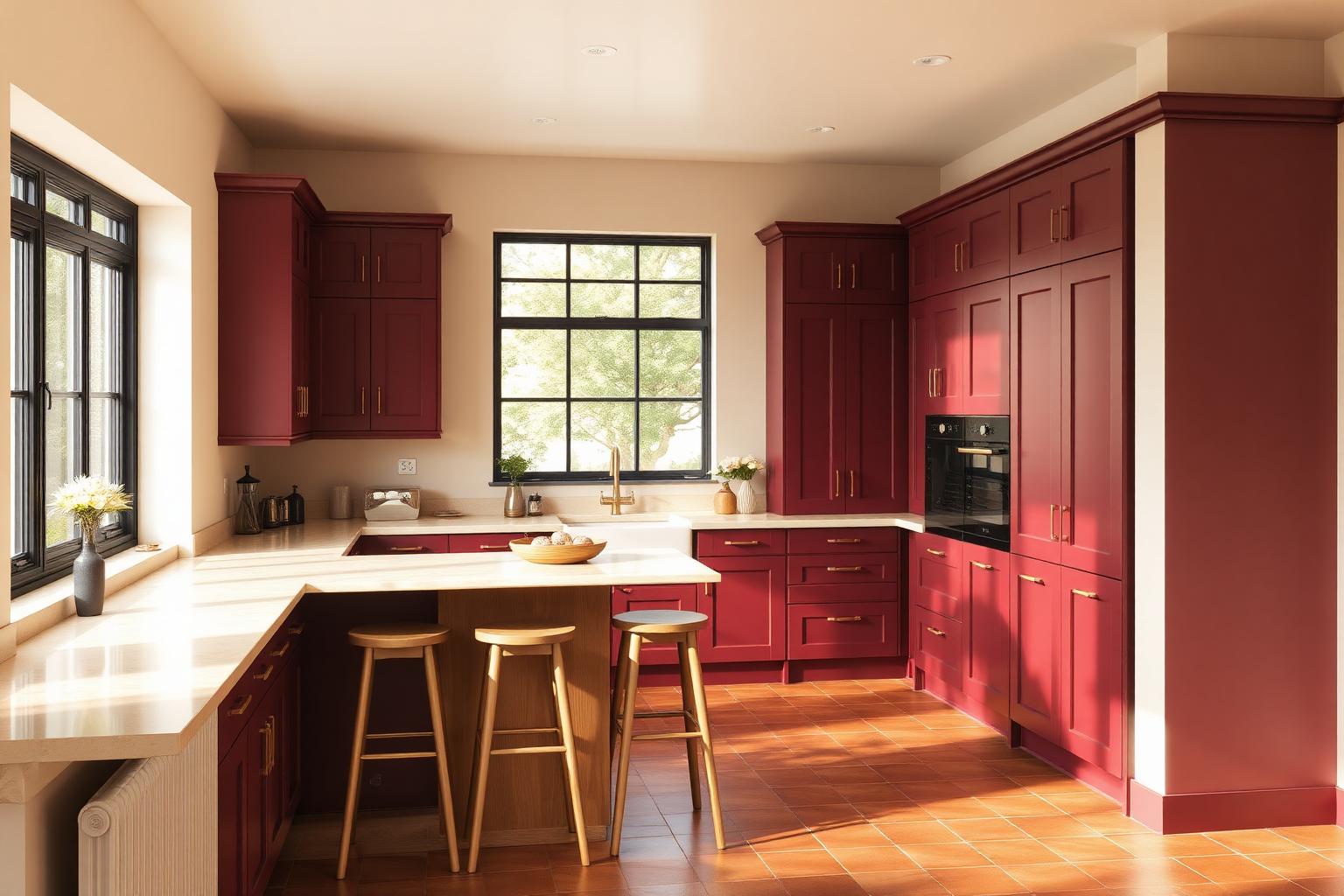 Kitchen with burgundy shaker cabinetry