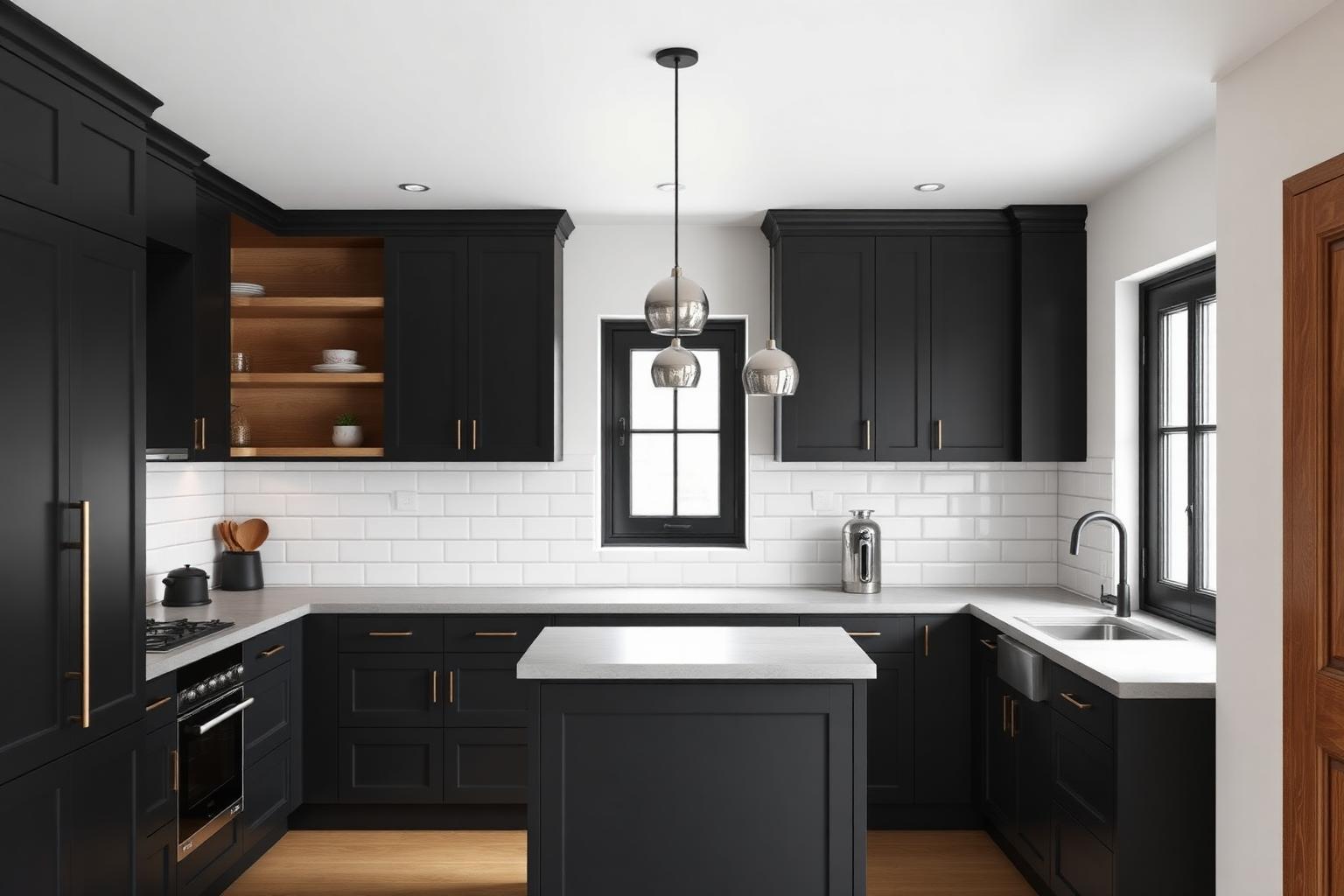 Kitchen with matte black cabinets and oak island
