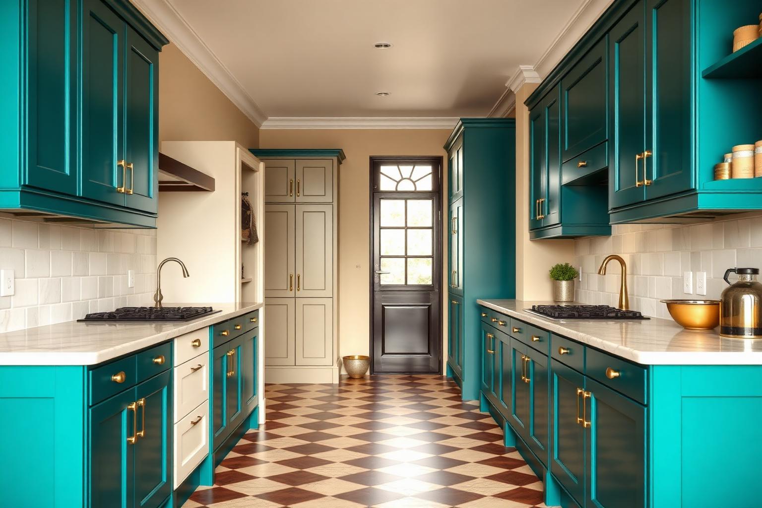 Teal galley kitchen with pantry