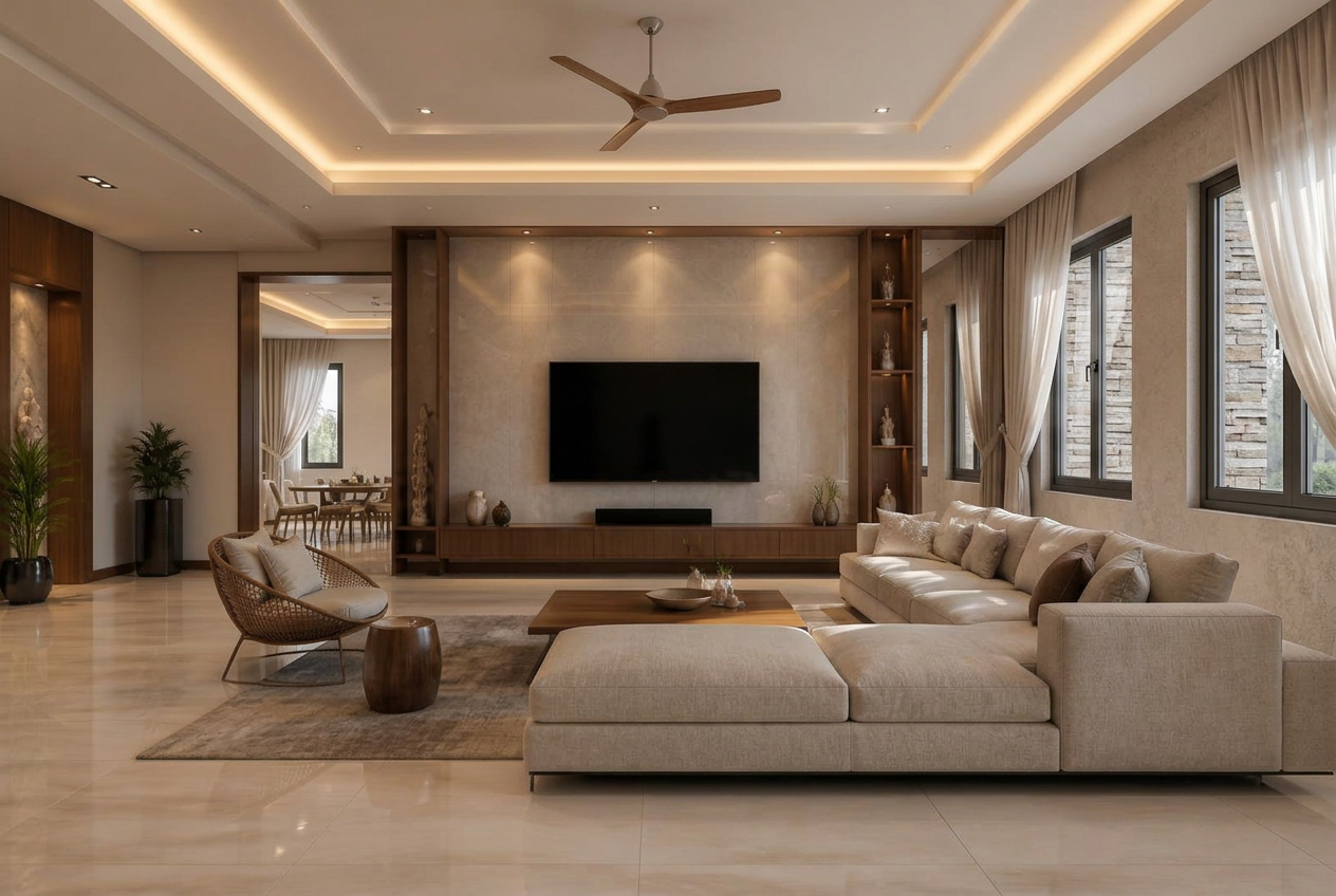 Living room with tray ceiling and punched windows in solid walls