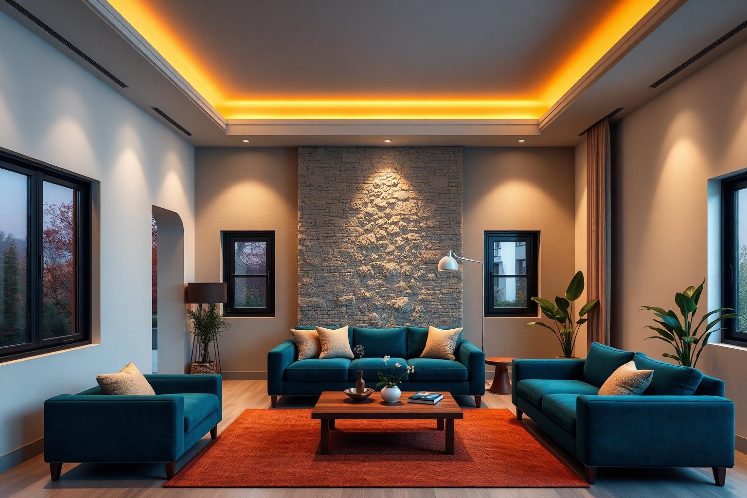 Living room with teal sofas and stone feature wall