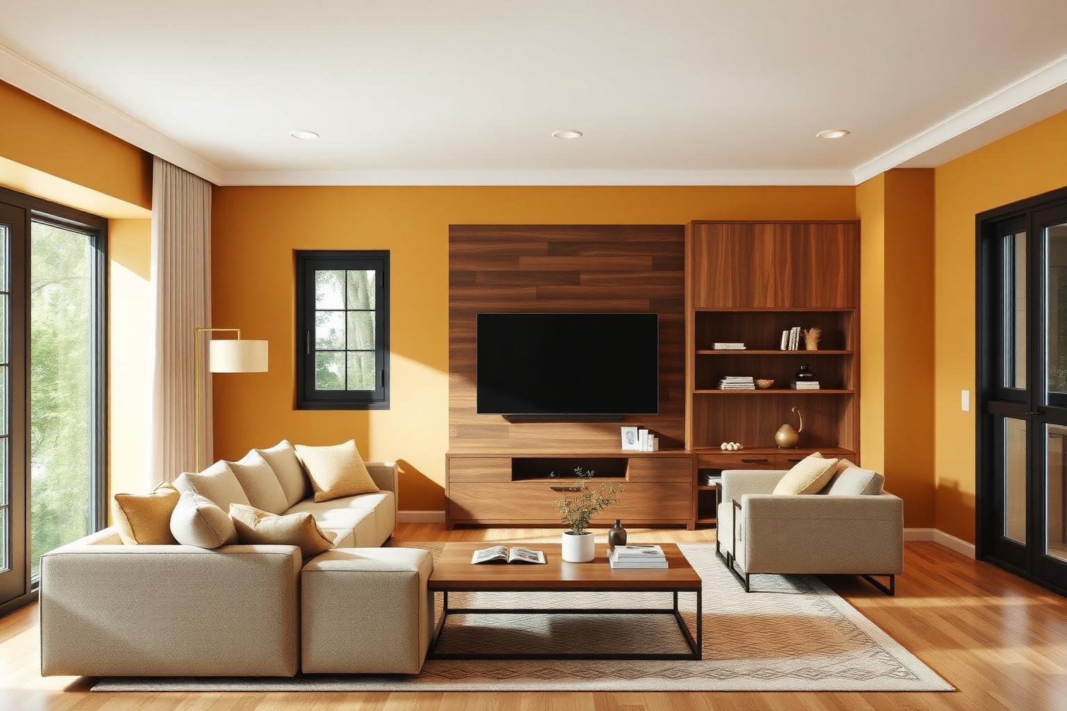 Living room with ochre walls and timber media wall