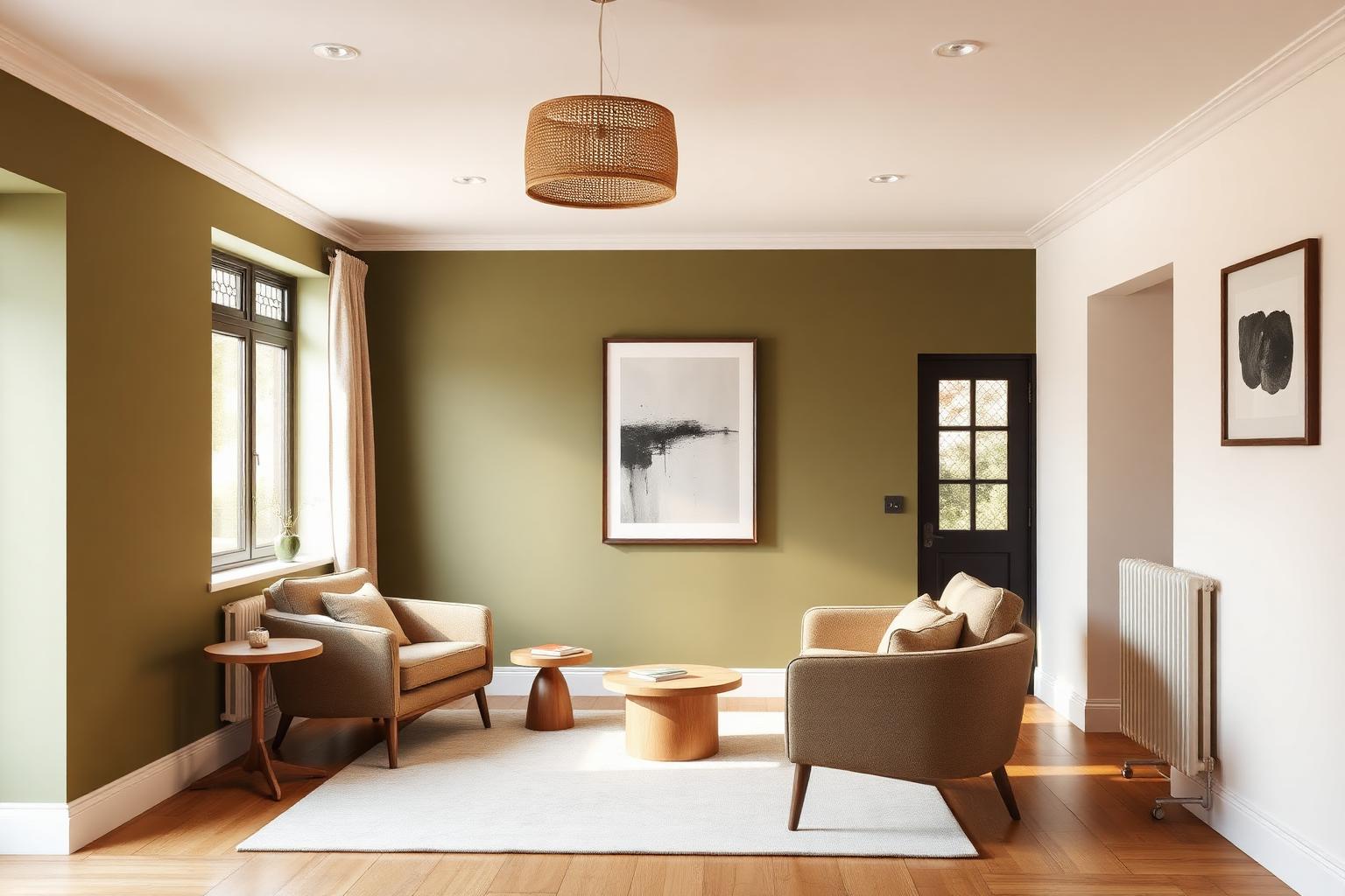Lounge corner with olive walls and armchairs