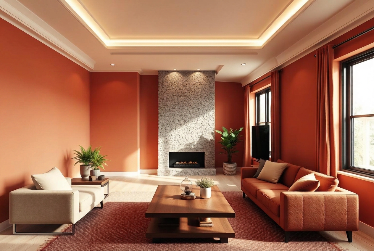 Living room with rust sofa and stone wall