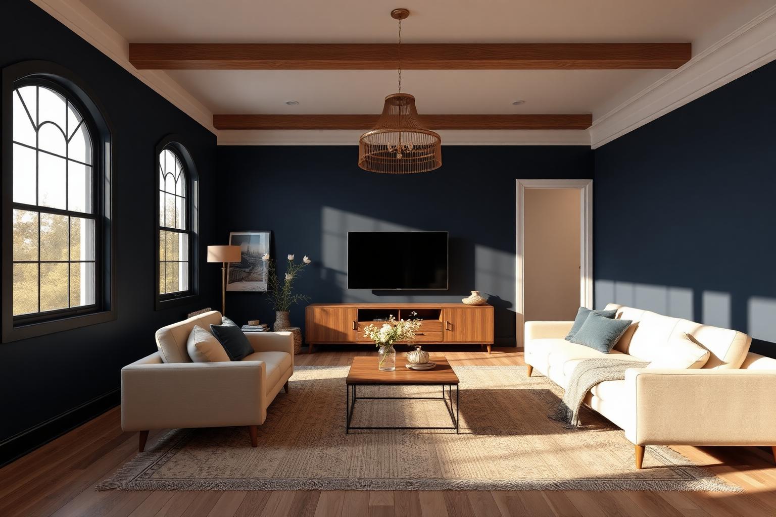 Living room with navy walls and walnut joinery
