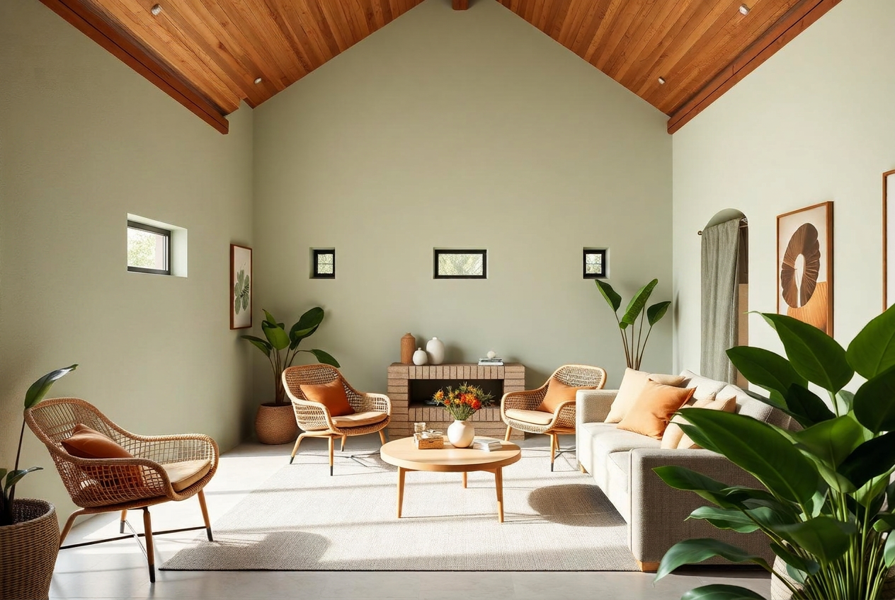 Living room with sage green walls and rattan chairs