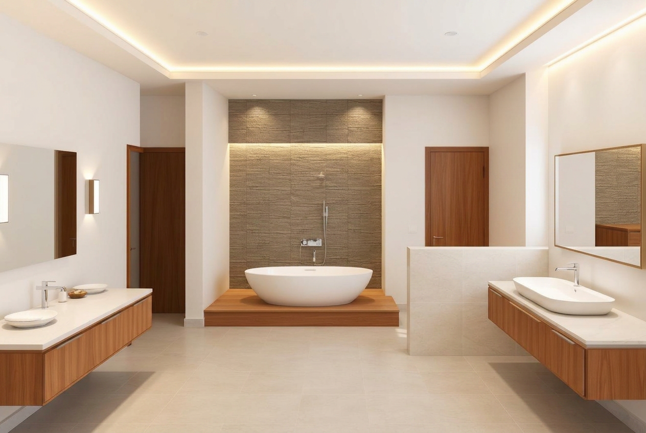 Enclosed master bathroom with freestanding tub and twin vanities