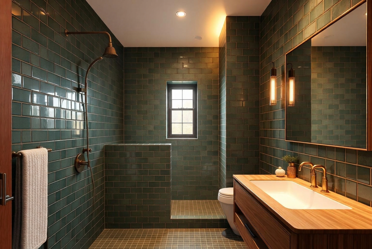 Master bathroom with green tiles and doorless walk-in shower