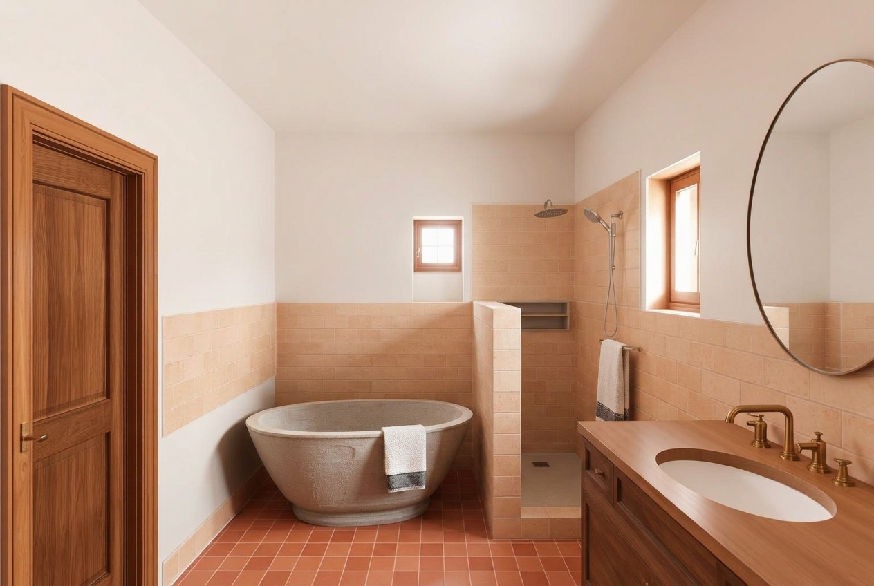 Master bathroom with stone tub and terracotta floor