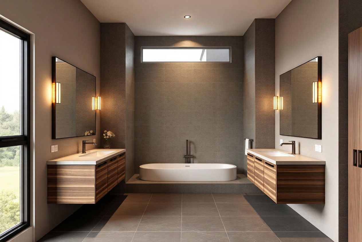 Master bathroom with twin vanities and stone-tiled walls