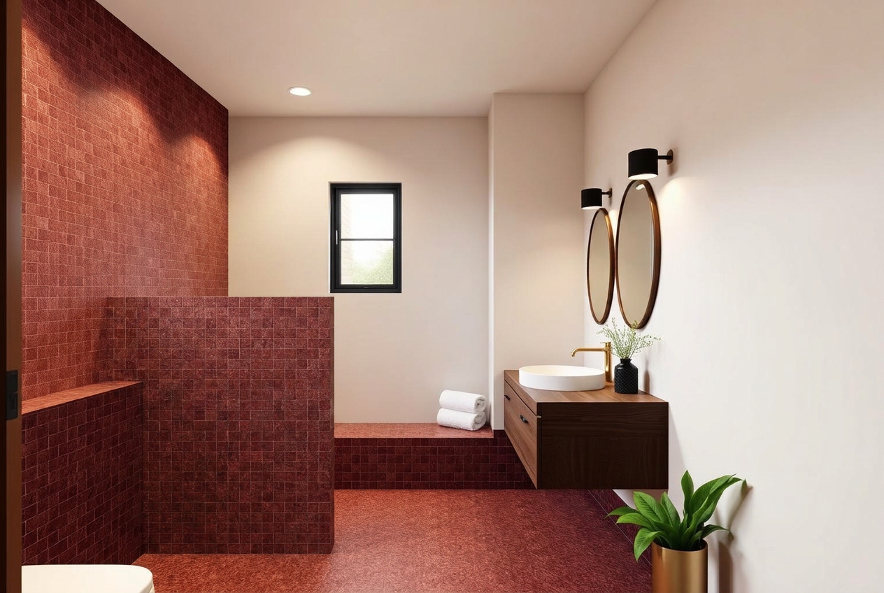 Master bathroom with burgundy zellige tiles