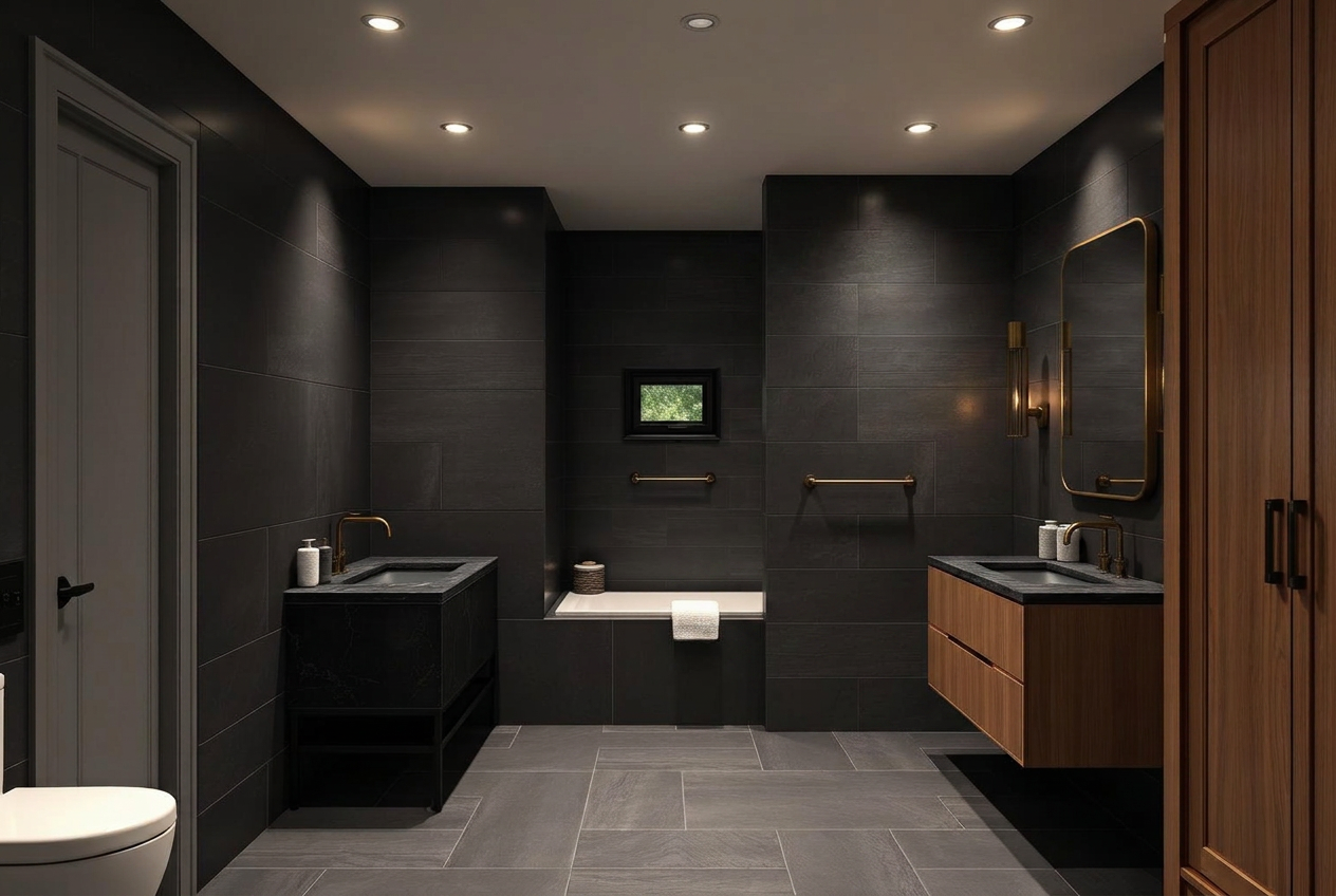 Master bathroom with charcoal slate tiles