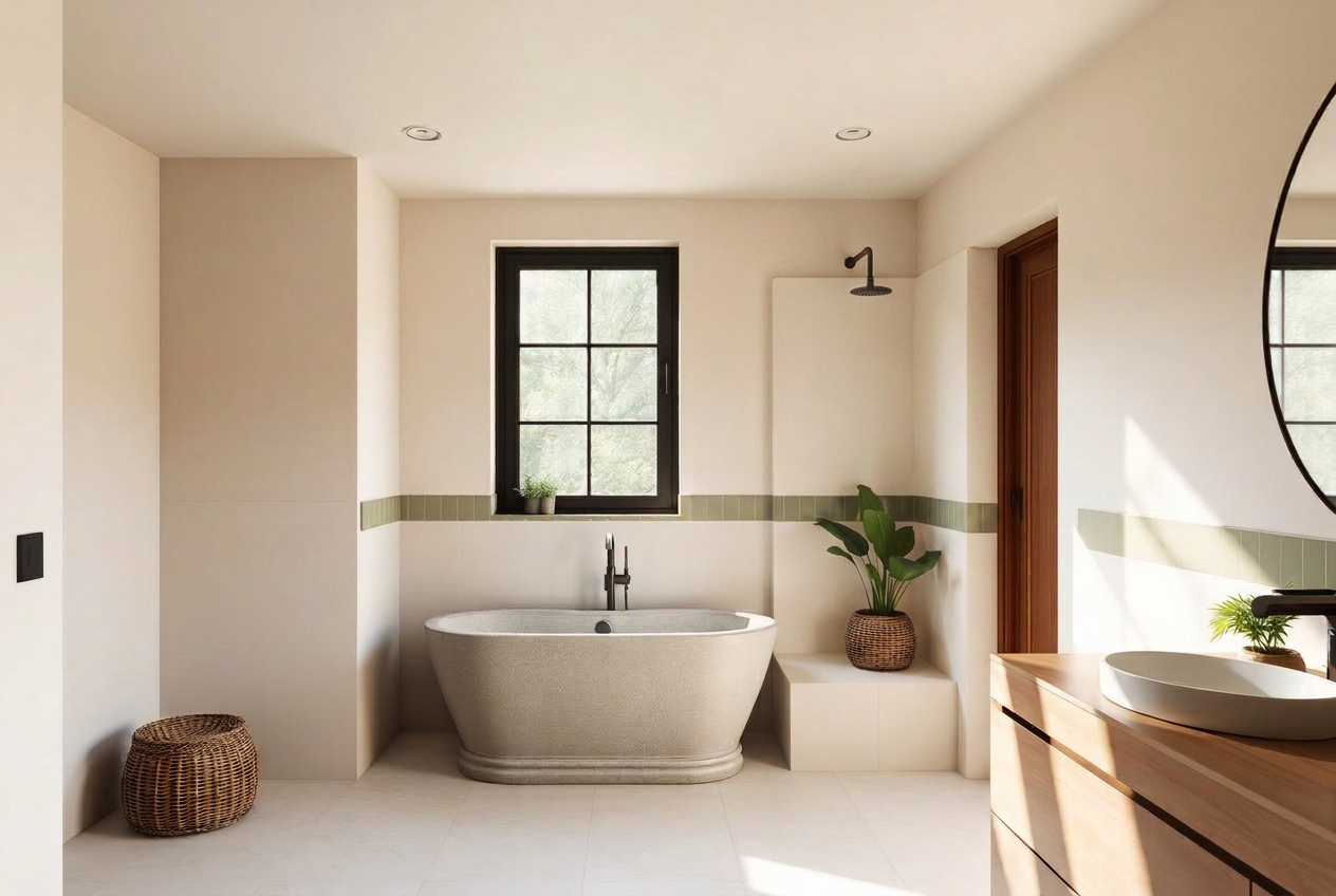 Master bathroom with a stone tub alcove