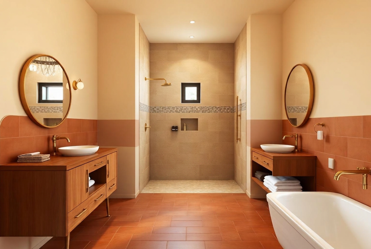 Master bathroom with terracotta tiles and timber joinery