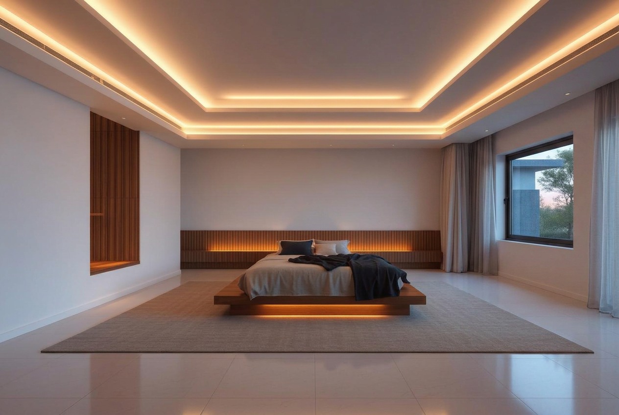 Spacious master bedroom with platform bed and wood accents