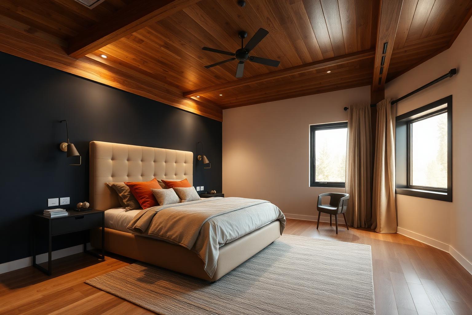 Master bedroom with charcoal blue wall and timber ceiling