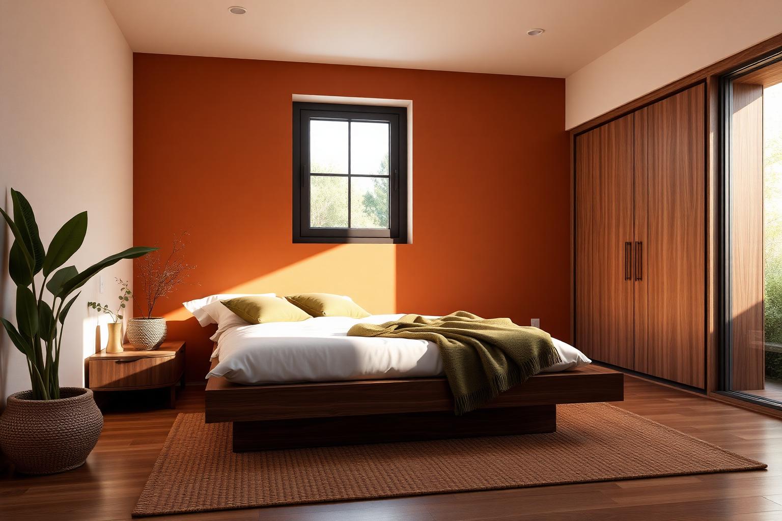 Master bedroom with terracotta wall and low platform bed