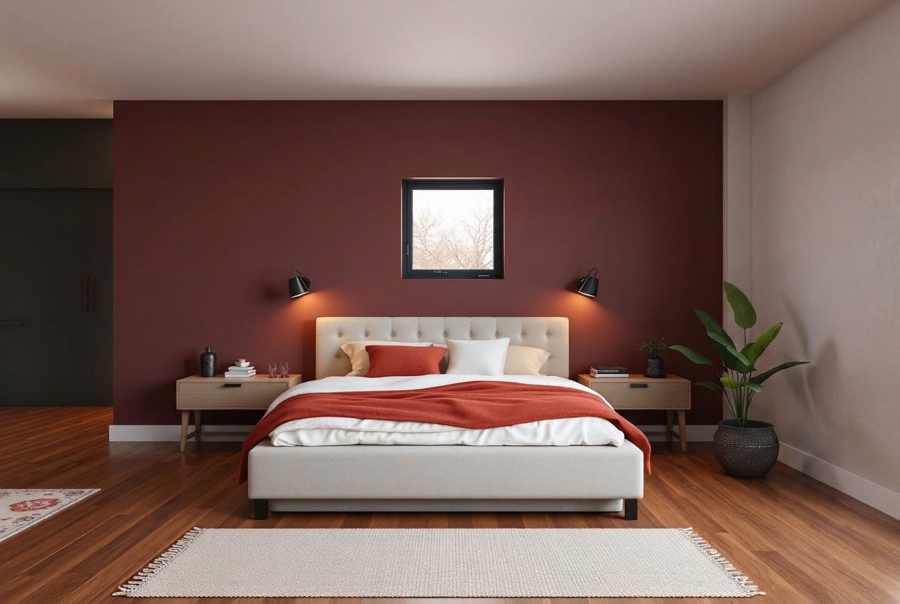 Master bedroom with plum-grey accent wall