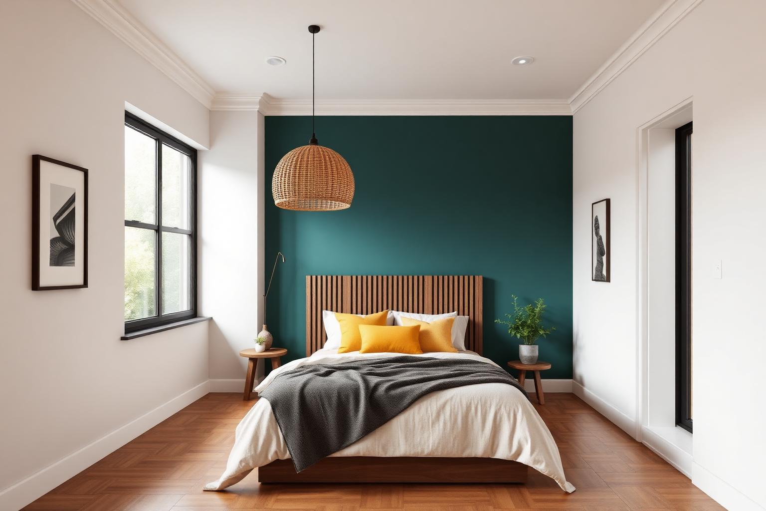 Master bedroom with teal wall and walnut joinery