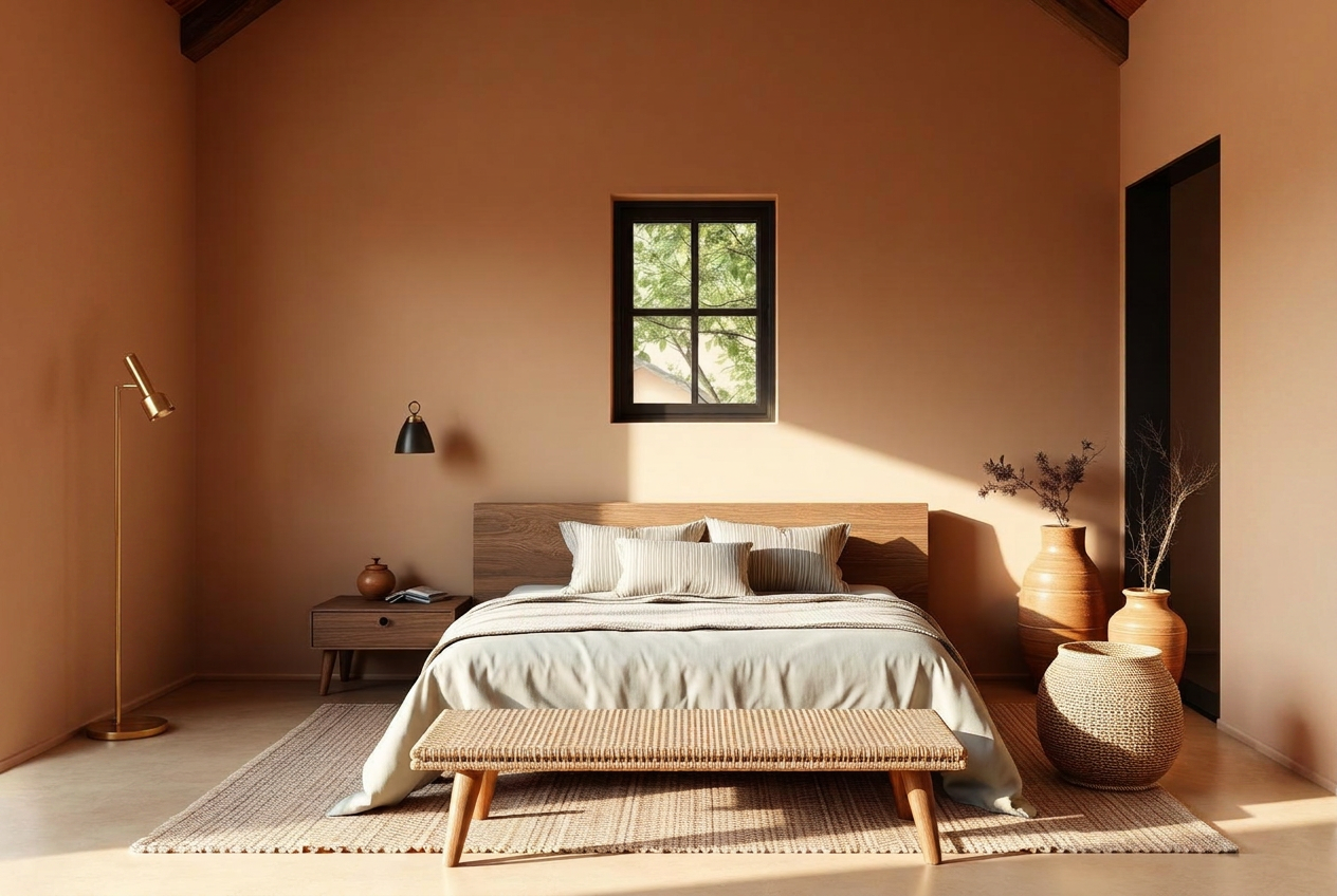 Master bedroom with ochre and clay tones