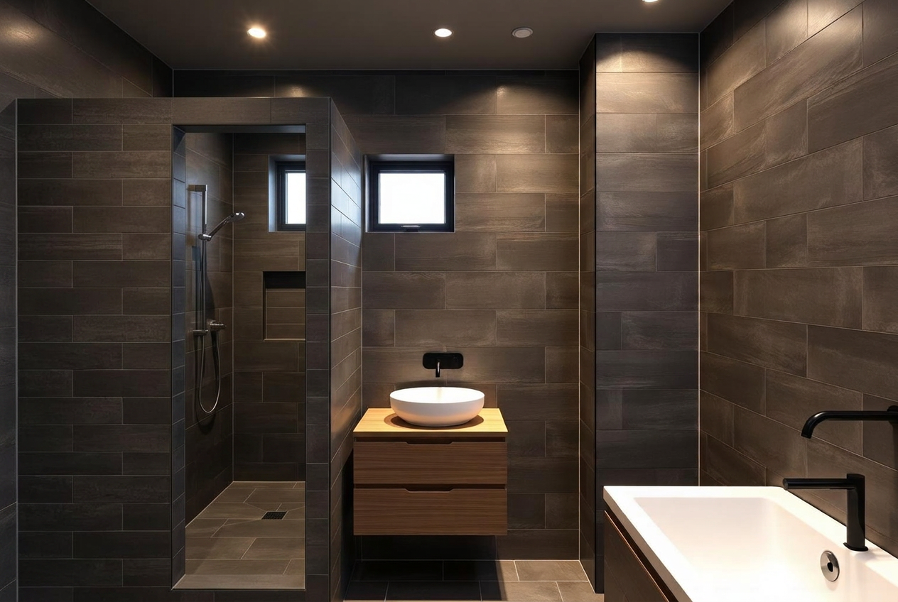 Family bathroom with a doorless walk-in shower in dark tiles
