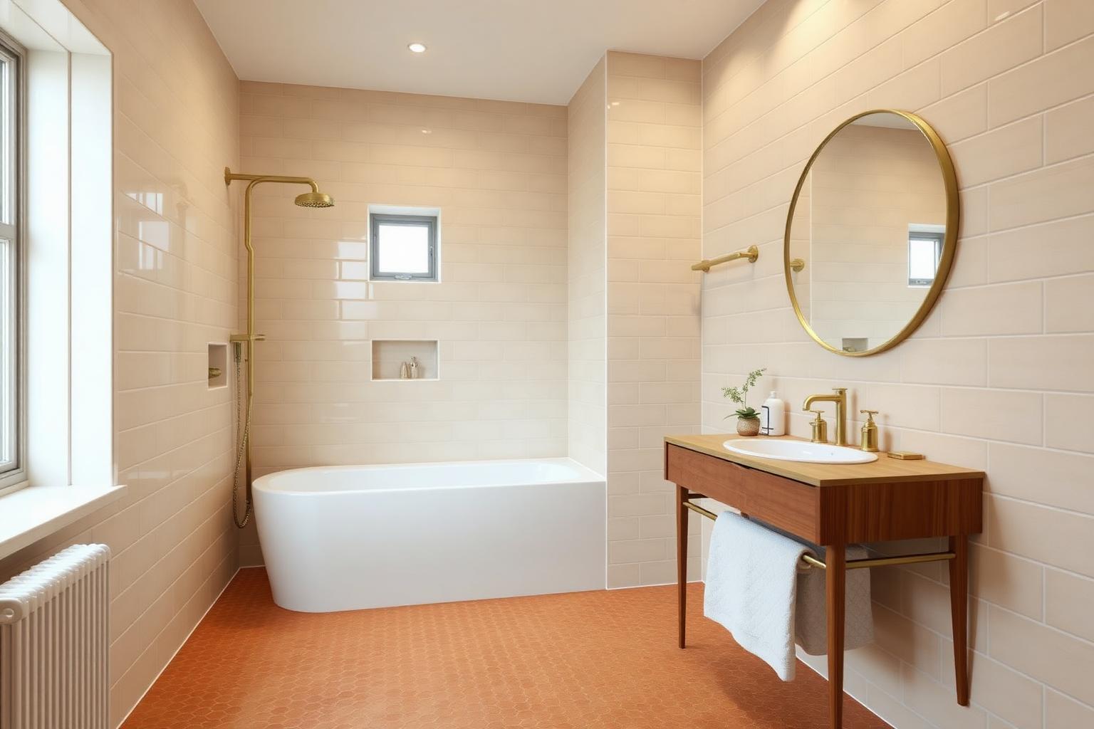 Guest bathroom with cream tiles and terracotta floor
