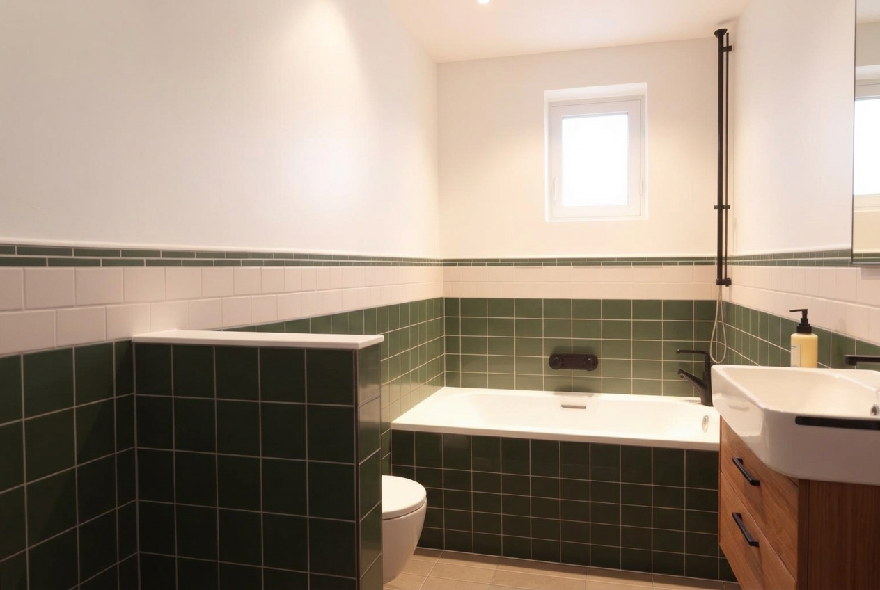 Compact family bathroom with green tiles and built-in tub