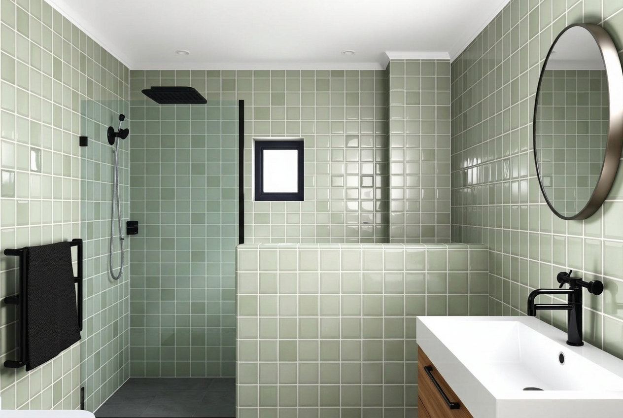 Family bathroom with sage green tiles and a masonry shower half wall