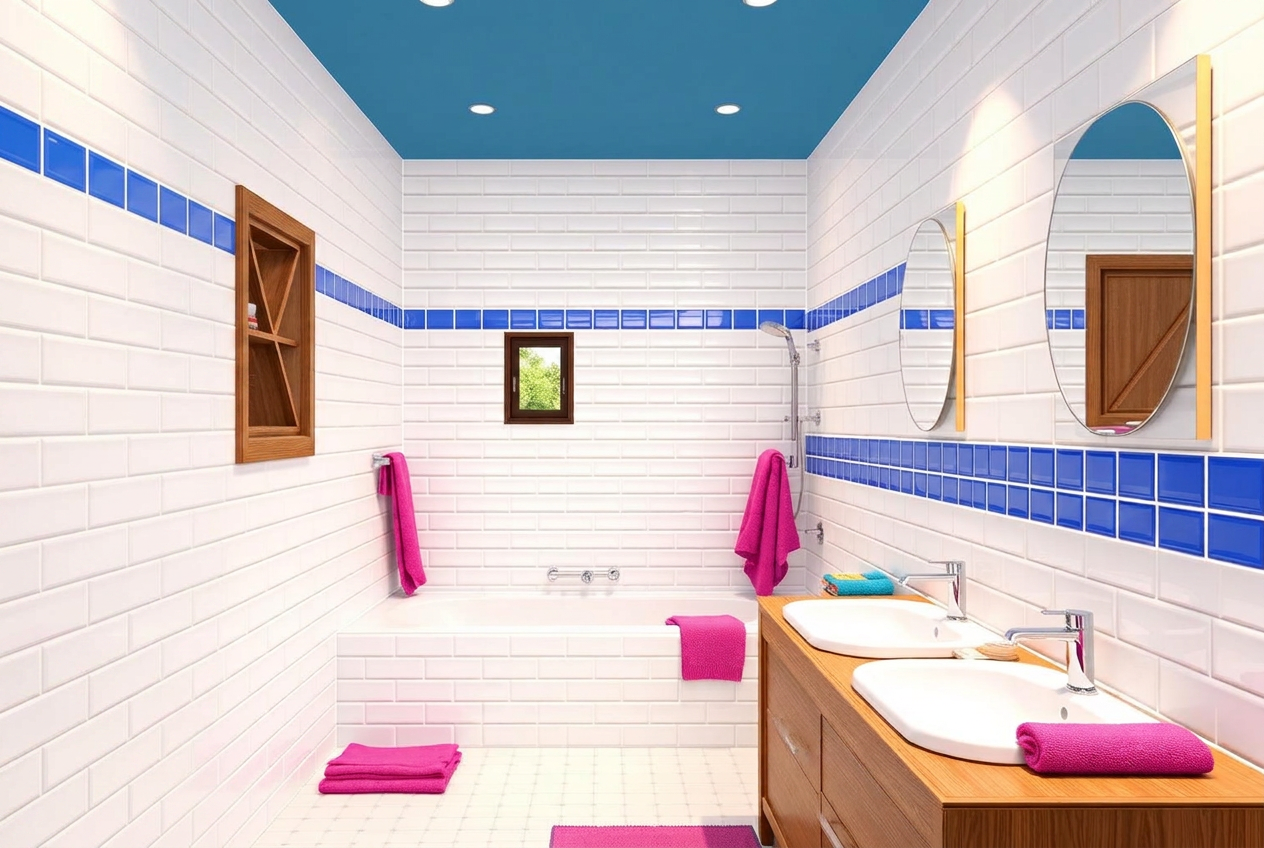 Children's bathroom with blue and white tiles and a built-in tub