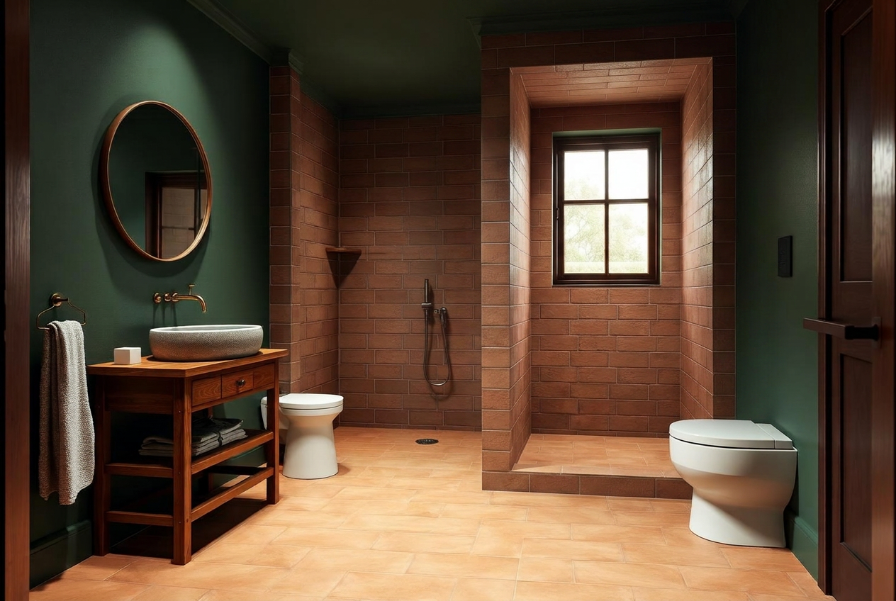 Guest bathroom with deep green walls and a brick-lined shower recess