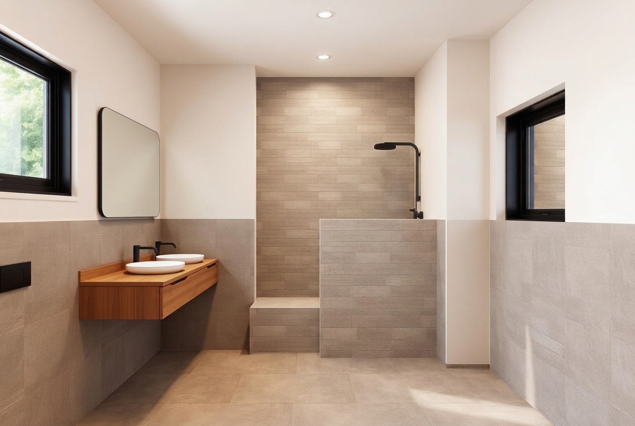 Shared bathroom with stone tiles and a masonry shower wall