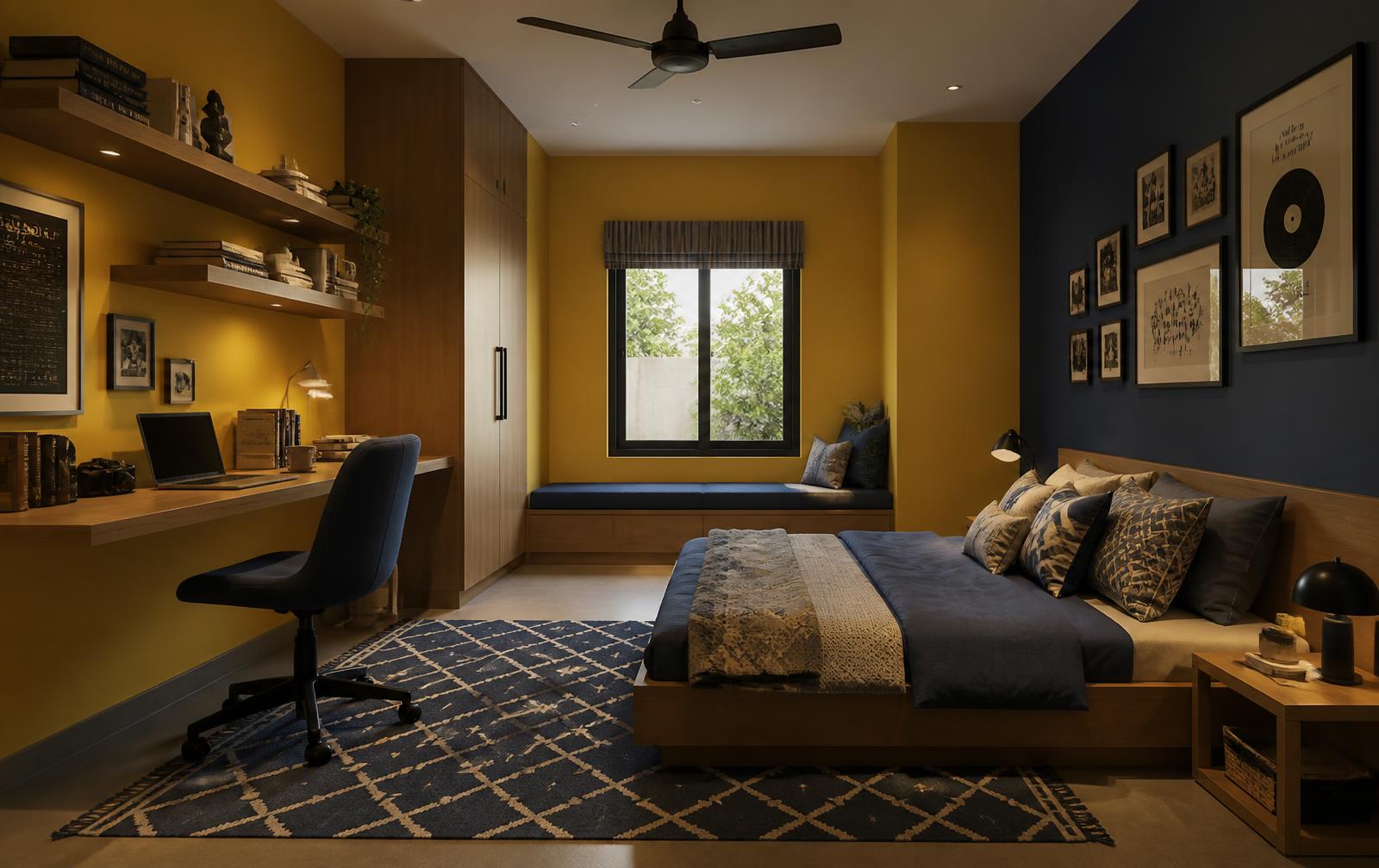 Teen bedroom with mustard and navy walls