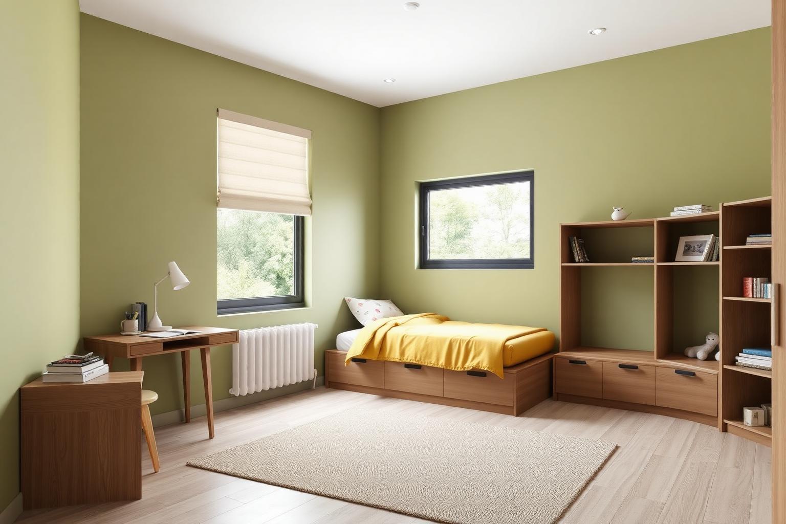 Child's bedroom with sage green walls and built-in desk